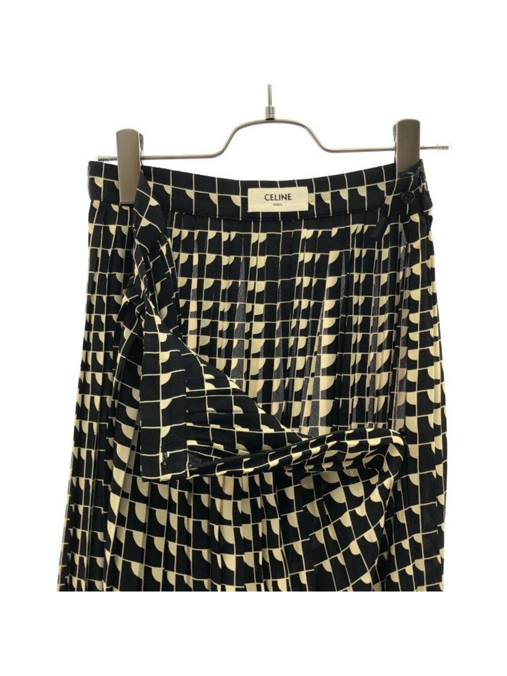 Celine Rayon All Over Pattern Pleated Skirt 36 Black Beige - Picture 4 of 8